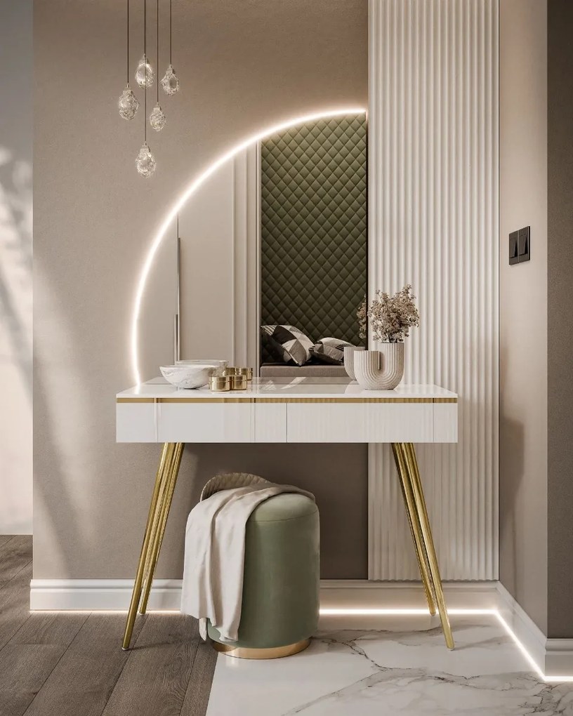 TOALETNÝ STOLÍK NESSIE BIELY LESK ĽAVÝ + ZLATÉ NOHY + ZRKADLO POLMESIAC