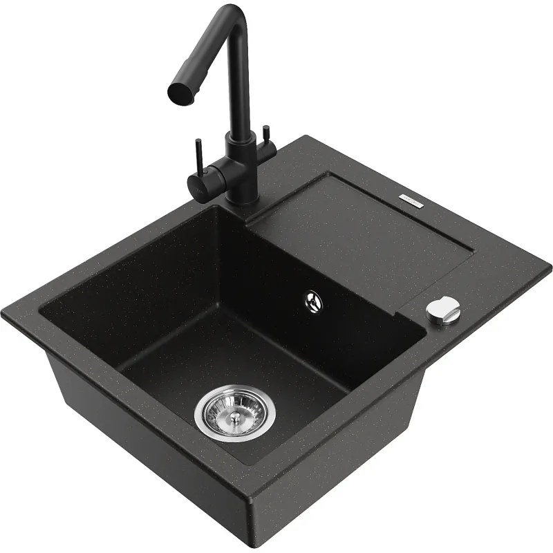 Mexen Enzo, granitový drez 576x465x174 mm, 1-komorový, čierna matná batéria Duero, čierna - zlatá metalíza, 6506-75-671600-70