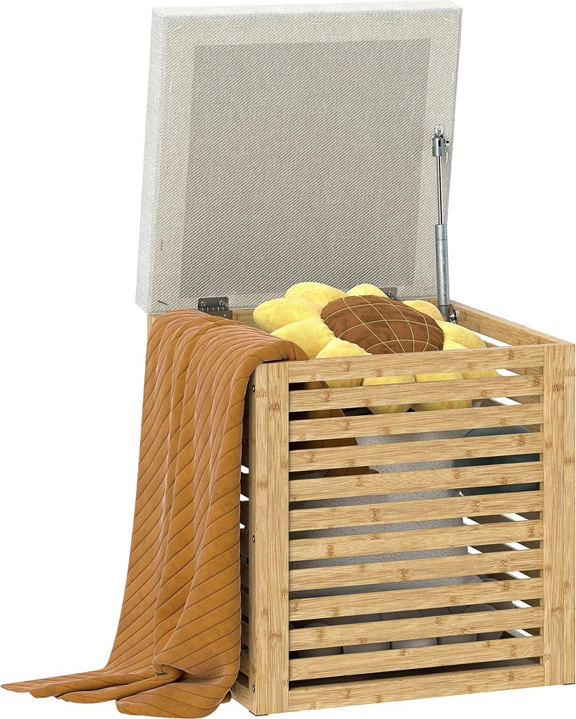 HOMCOM Úložný box do spálne 54,7L Čalúnený úložný ottoman zo syntetickej ľanovej tkaniny s bambusovým rámom do predsiene a obývačky 40x40x47 cm Šedá a
