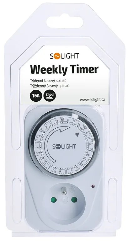 SOLIGHT Mechanický týždenný časový spínač 230V/16A, 1 zásuvka, biely