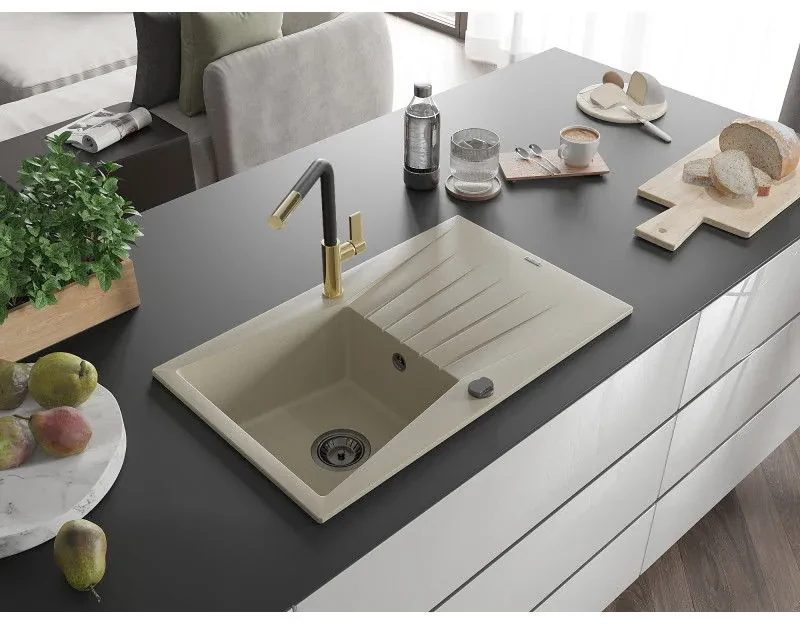 Mexen Cesar, 1-komorový granitový drez 775x470x190 mm a drezová batéria Flora, béžová, 6514-69-670401-57-B