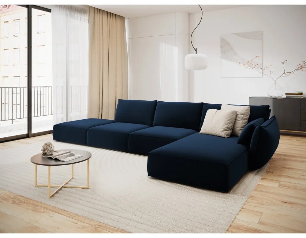 Tmavomodrá zamatová rohová pohovka (pravý roh/s leňoškou) Vanda – Mazzini Sofas