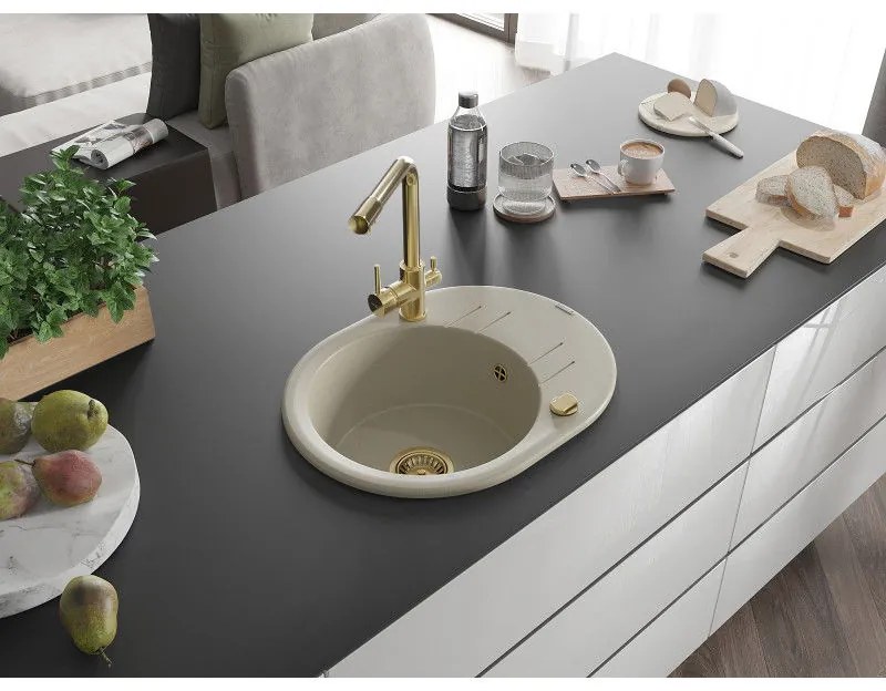Mexen Kevin, drez granitový 586x458x190 mm, 1-komorový a zlatá Duero batéria, béžová, 6517-69-671600-50