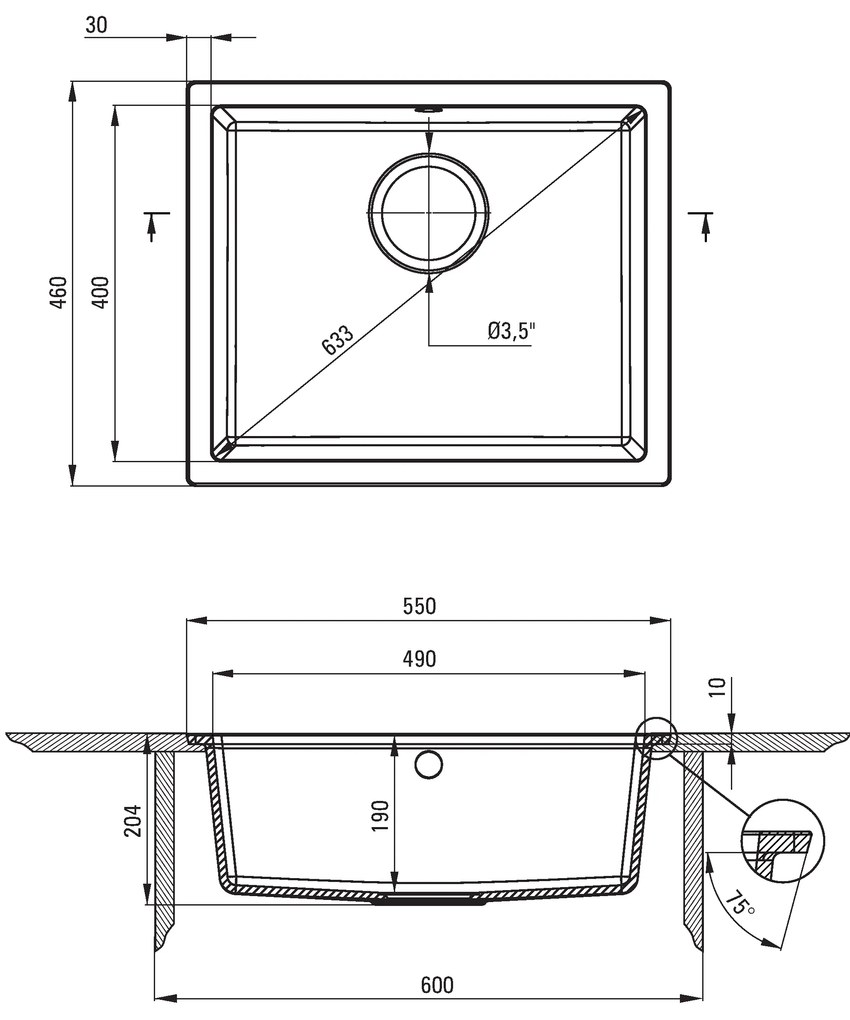 Deante Corda Flush, granitový drez na dosku 550x460x204 mm, 3,5" + priestorovo úsporný sifón, 1-komorový, antracitová metalíza, ZQA_T10F