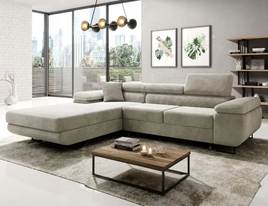 Pohodlná krémová rohová sedačka Astorp L v tkanine, ideálna do obývačky.