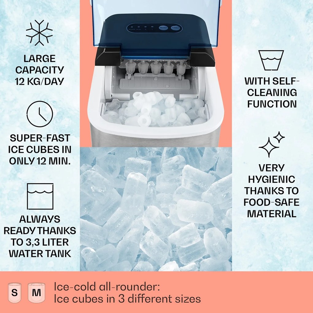 Klarstein On-The-Rocks, výrobník ľadu, 12 kg/24 h, nádrž 2,1 l, LED, nehrdzavejúca oceľ, čierny
