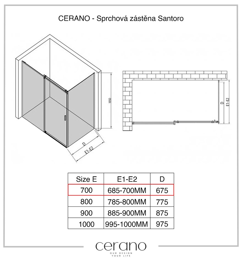 CERANO - Sprchová zástena pre dvere Santoro L/P - 8 mm - chróm, transparentné sklo - 70x195 cm - jednodielna pevná, CER-CER-537466