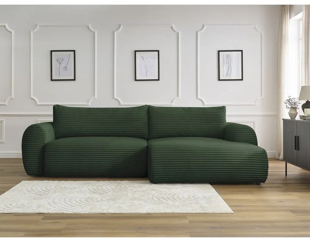 Tmavozelená menčestrová rozkladacia rohová pohovka (pravý roh) Lucien – Bobochic Paris