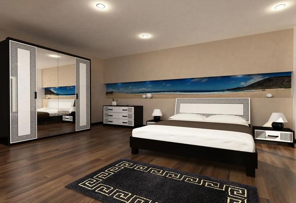 Spálňa NICOLA - posteľ 180x200+zdvíhacie rošt+matrac DE LUX+2x noč. stolík+štvordverová skříňa so zrk.+komoda, biala lesk/čierna