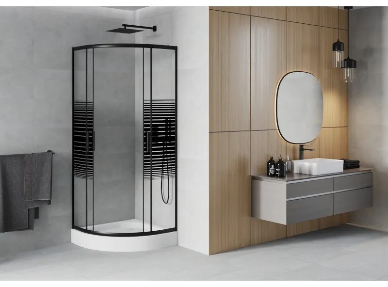 Mexen Rio, štvrťkruhový sprchovací kút s posuvnými dverami 90(dvere) x 90(dvere) x 190 cm, 6mm číre sklo s pásikmi, čierny profil + Rio sprchová vanička biela, 863-090-090-70-20-4710