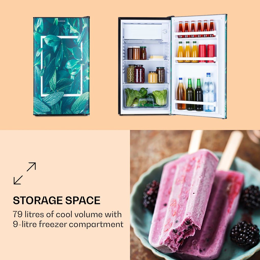Klarstein CoolArt 79L, kombinovaná chladnička s mrazničkou, EEK E, mraziaci priestor 9 l, dizajnové dvere