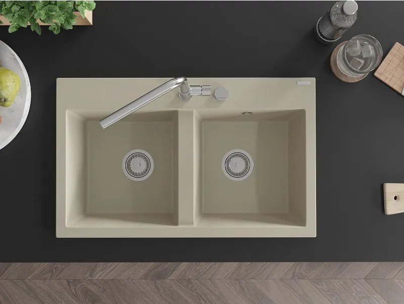 Mexen Hektor granitový kuchynský drez 2-komorový 800 x 480 mm, béžový, sifón chróm - 6521802000-69