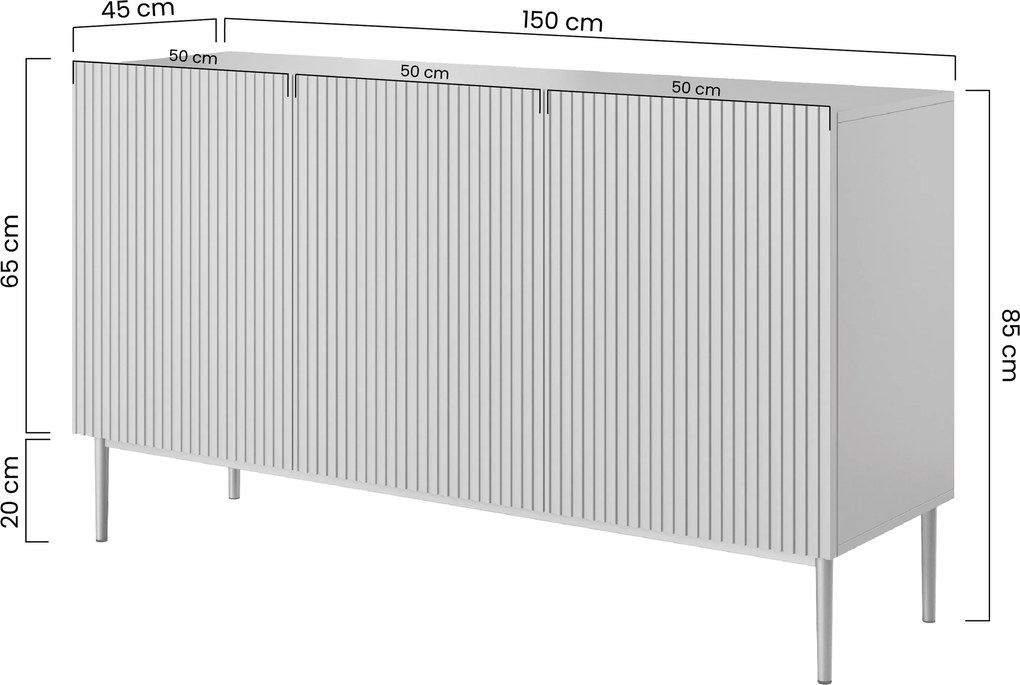 Komoda Nicole 150 cm trojdverová s ryhovaným čelom - kašmír / zlaté nohy