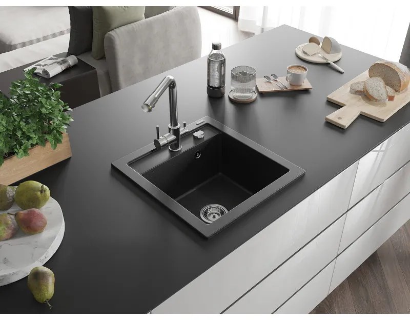 Mexen Vito, 1-komorový granitový drez 520x490x210 mm, chrómová batéria Duero, čierna - strieborná metalíza, 6503-73-671600-00