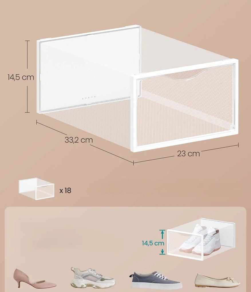 Sada 18 ks plastových boxů na boty Tarny průhledná/bílá