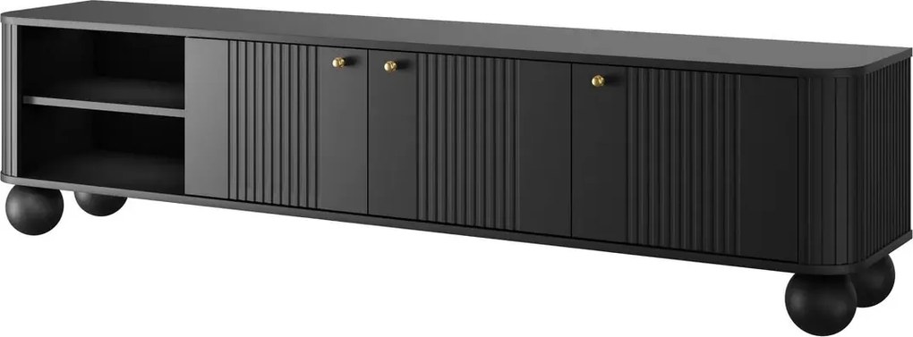 Čierna RTV skrinka Vesper 187 cm trojdverová - so zlatými úchytkami a guľovými nohami