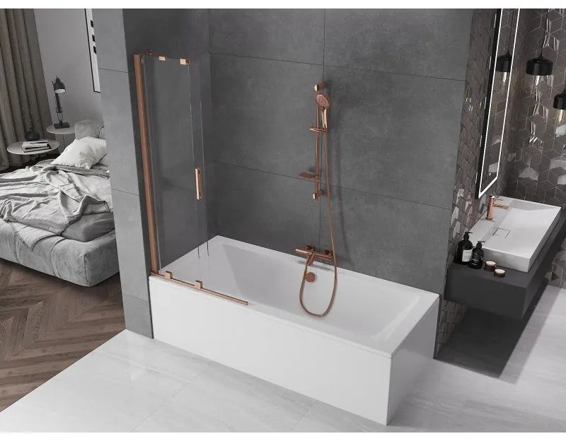 Mexen Velar, 2-krídlová posuvná vaňová zástena 85 x 150 cm, 8mm číre sklo, medená matná, 896-085-000-01-65