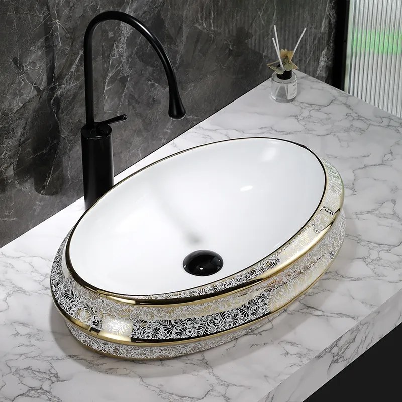 BPS-koupelny Keramické umývadlo na dosku HYD-YO-WH-MOD5-GL-600 60x40 cm, biele/zlatý dekor