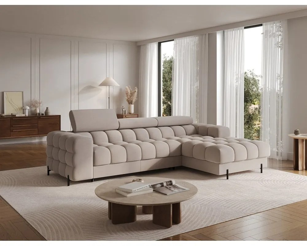 Béžová zamatová rozkladacia/s úložným priestorom rohová pohovka (pravý roh/s leňoškou) Felro – ELTAP