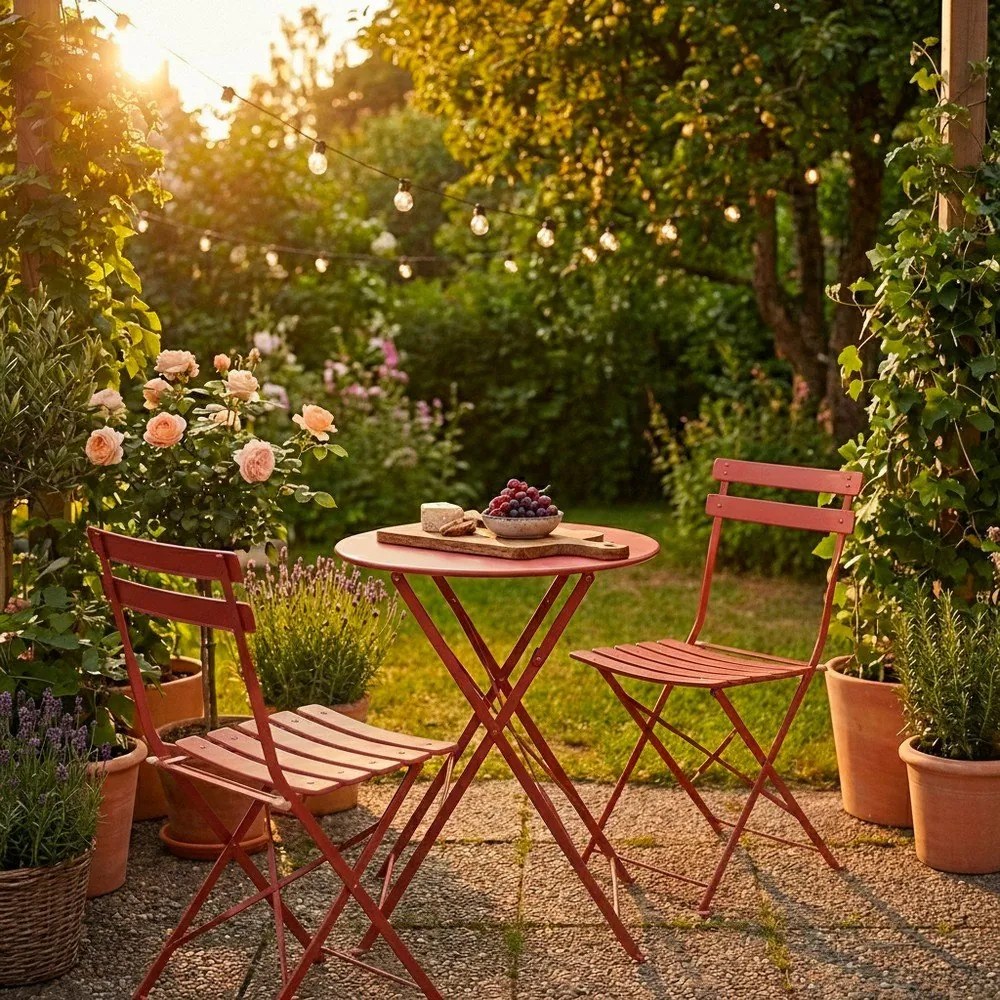 Oceľová záhradná jedálenská súprava v terakotovej farbe pre 2 Austin – Bizzotto