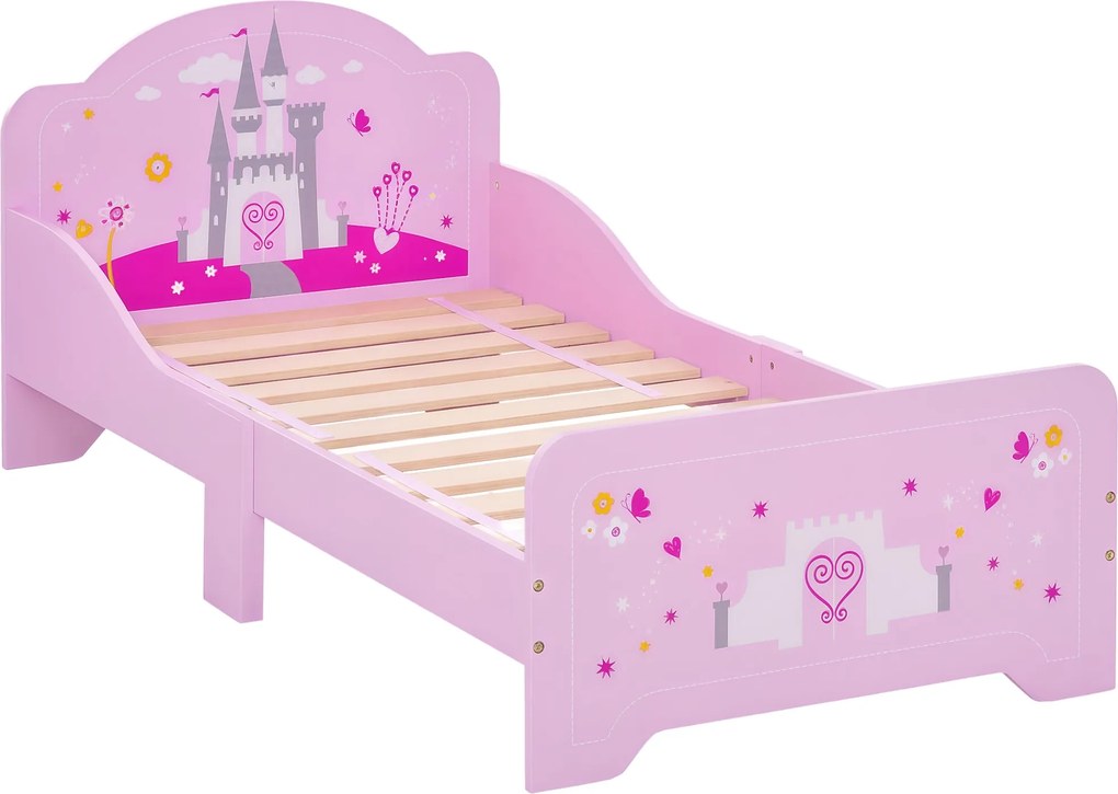 Detská posteľ HOMCOM pre deti od 3 rokov, drevená posteľ s bezpečnostnými zábradlami, max. nosnosť 50 kg, 143x73x60 cm, ružová | Aosom