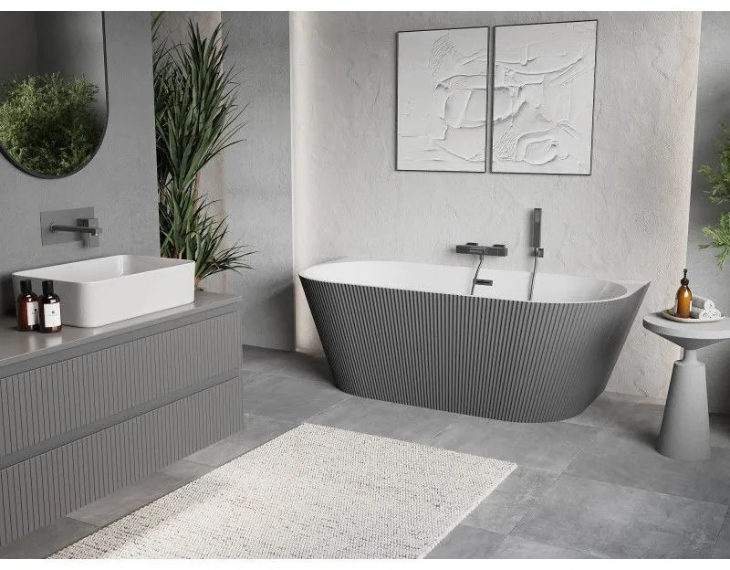 Mexen Oris, voľne stojaca ryhovaná vaňa 170 x 80 cm, biela-šedá, grafitový prepad, 52871708062-95