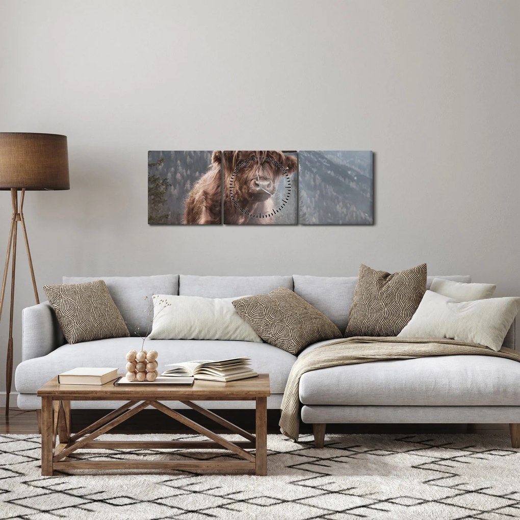 Obraz - Highlander krava (s hodinami) (90x30 cm)