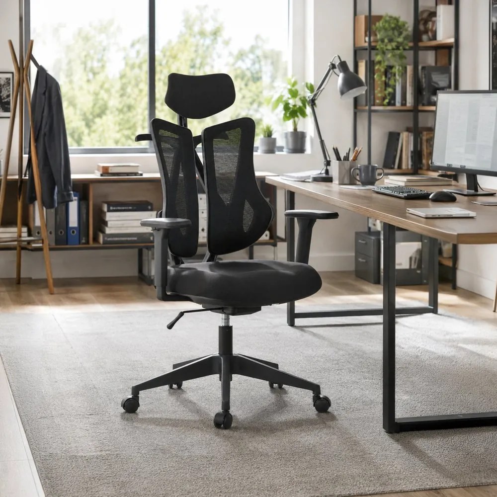 Kancelárska ergonomická stolička MORA — sieť / látka, čierna