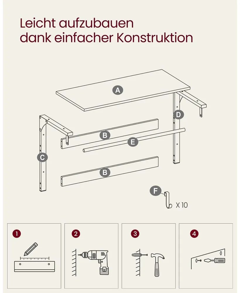 Nástenný vešiak s policou a vešiakovou tyčou, 10 háčikov, čierna, tmavo-hnedá farba, 42x80x30cm