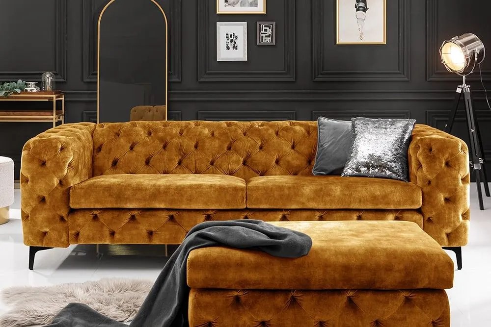 Invicta Interior - Elegantná 3-miestna pohovka Chesterfield MODERN BAROQUE 235 cm horčicovo žltá zamat