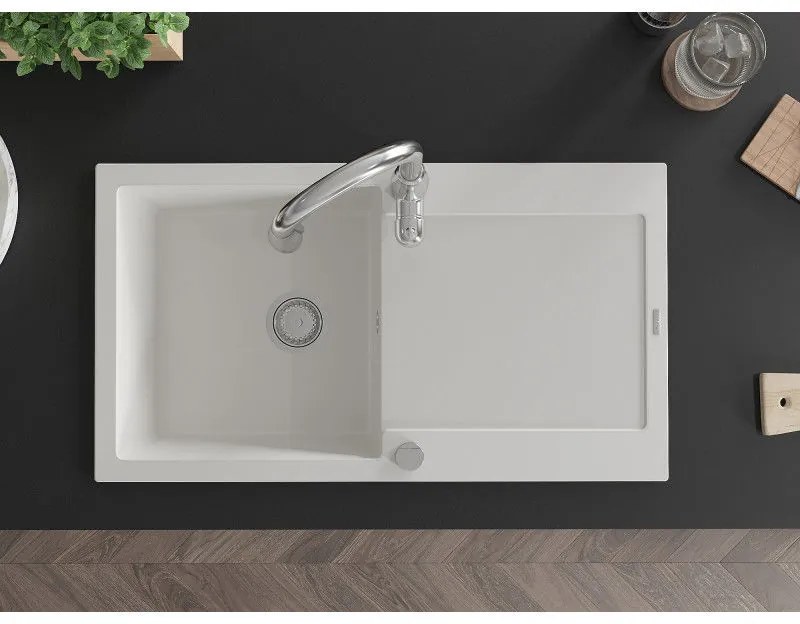 Mexen Leo, 1-komorový granitový drez 900x500x190 mm a drezová batéria Savita, biela, 6501-20-672601-00