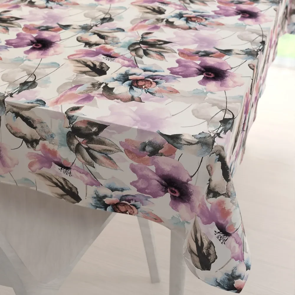 Biante Zamatový obdĺžnikový obrus Tamara TMR-050 Abstraktné fialové kvety na smotanovom 140x180 cm