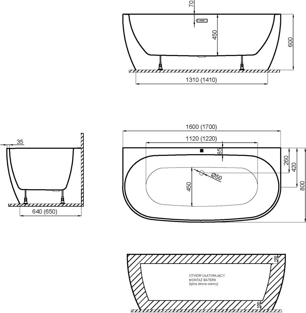 Polimat Akrylátová voľne stojaca vaňa k stene Risa 170x80 POLIMAT-Rozmery: 170x80, POLIMAT-Farba vane: Biela / čierna mat