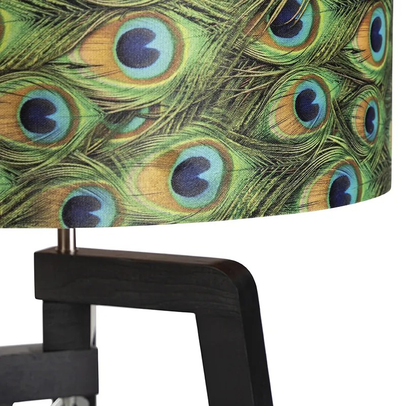 Stojaca lampa trojnožka čierna s tienidlom s motívom páva 50 cm - Puros