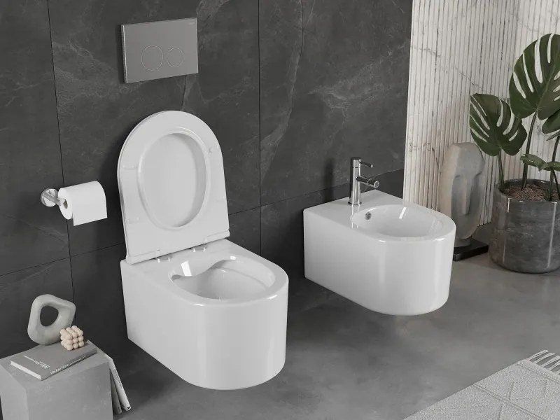 Mexen Sofia, závesná WC misa 490x360x355 mm, Rimless Tornádo + toaletné WC sedadlo z duroplastu, biela lesklá, 30540500