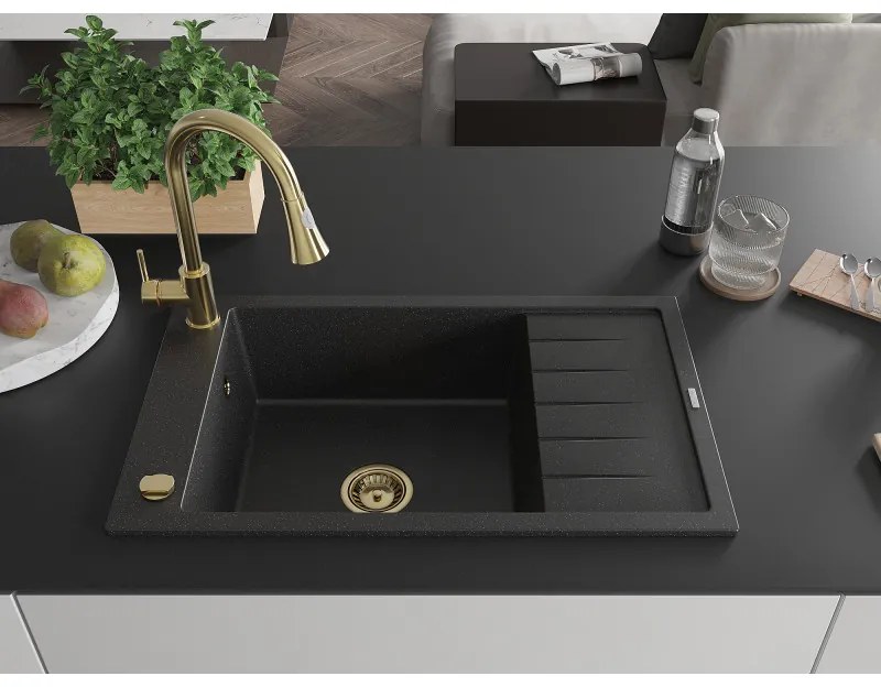 Mexen Elias, 1-komorový granitový drez 795x480x200 mm a drezová batéria Elia, čierna-strieborná metalíza, 6511-73-670101-50