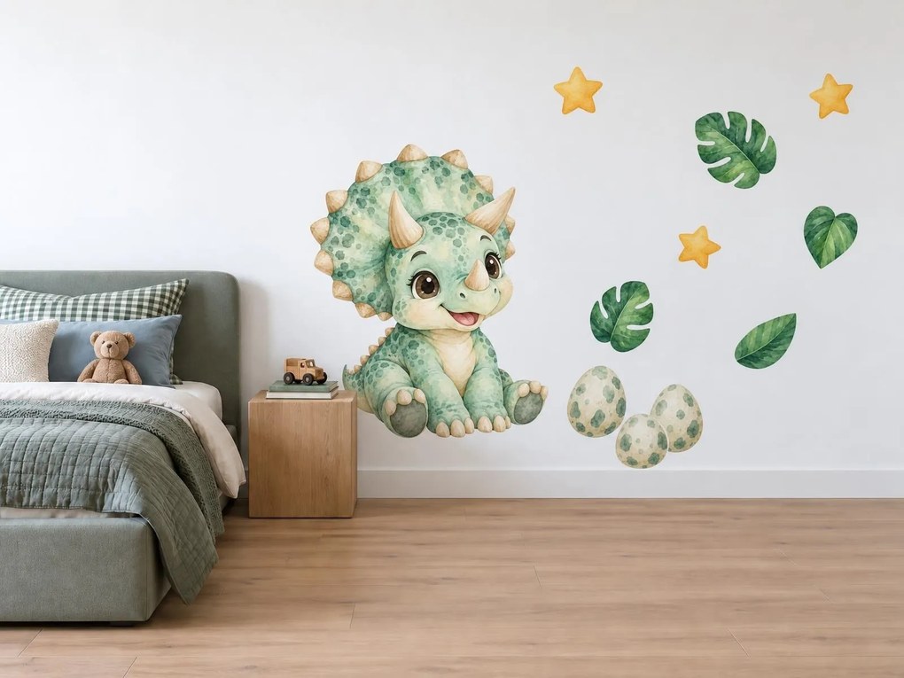Malý triceratops s vajíčkami akvarelové nálepky na stenu pre malých chlapcov arch 34 x 46 cm