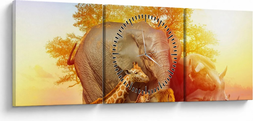 Obraz afrických zvieratiek (s hodinami) (90x30 cm)