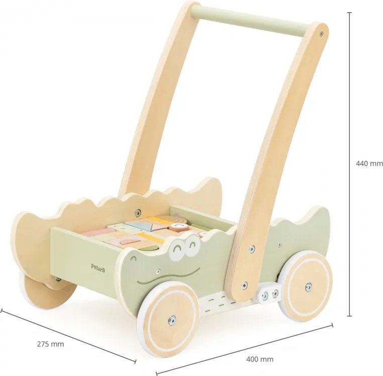 Drevený blokový vozík – krokodíl | Chodítko s kockami pre deti