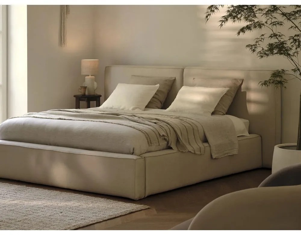 Béžová čalúnená dvojlôžková posteľ s úložným priestorom a roštom 200x200 cm Arendal – Cosmopolitan Design