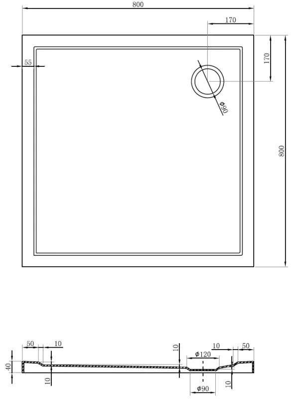 Mexen Flow, štvorcová sprchová vanička slim 80 x 80 cm, čierna matná, 46S708080