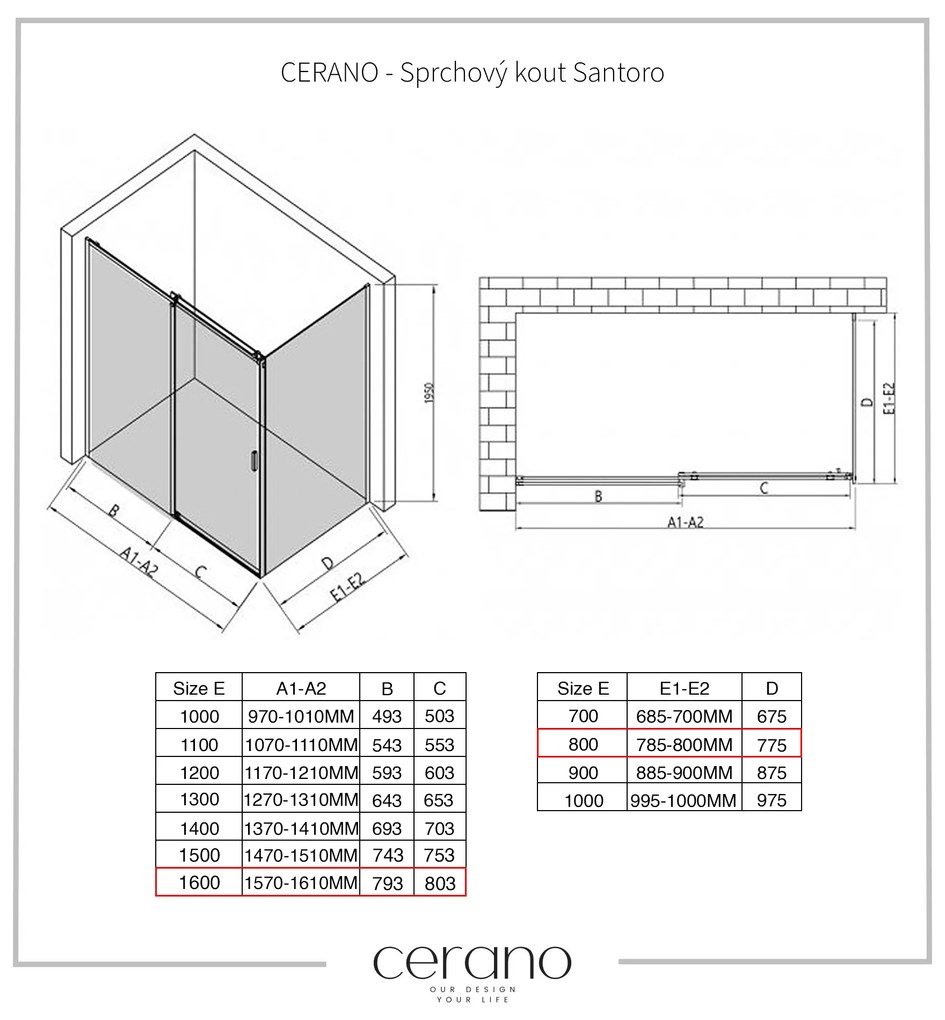 CERANO - Sprchovací kút Santoro Ľ/P - 8 mm - chróm, transparentné sklo - 160x80 cm - posuvný, CER-CER-8050BD7371