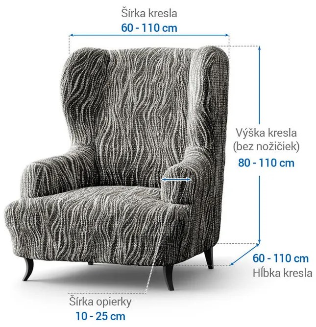 Bielastické poťahy UNIVERSO NOVÉ žíhané čiernobiele kreslo ušiak (š. 60 - 110 cm)
