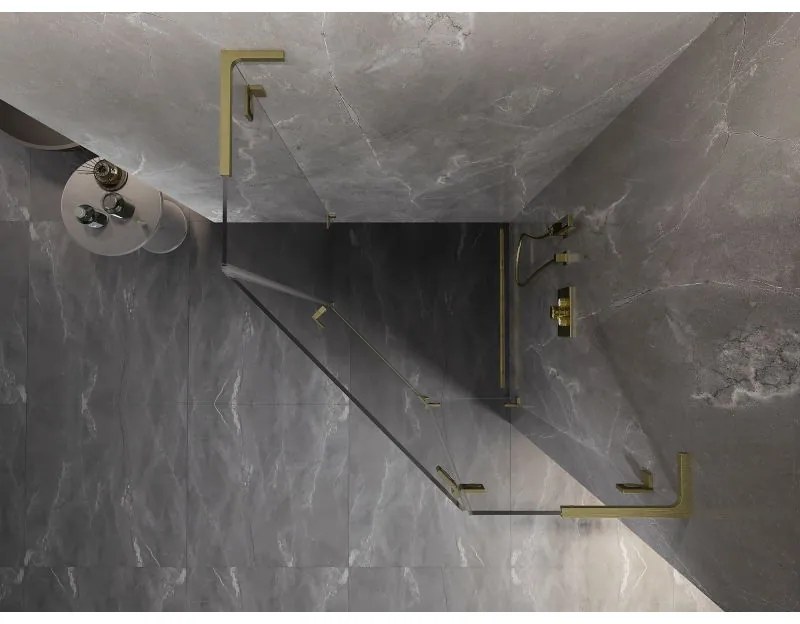 Mexen Lunar, L pravý výklopný päťuholníkový sprchový kút 100x100 cm, 8mm číre sklo, zlatý matný profil, 831L-100P-100L-55-00-P