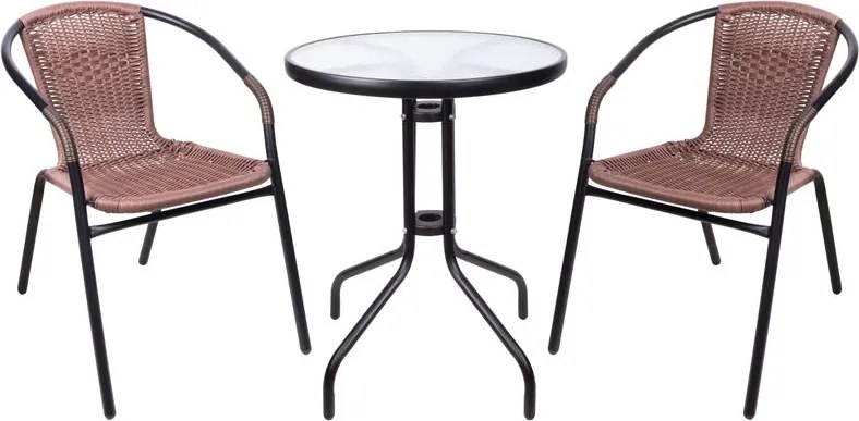 Set balkónový ALESIA, hnedý, oceľ (stôl, 2x stolička)