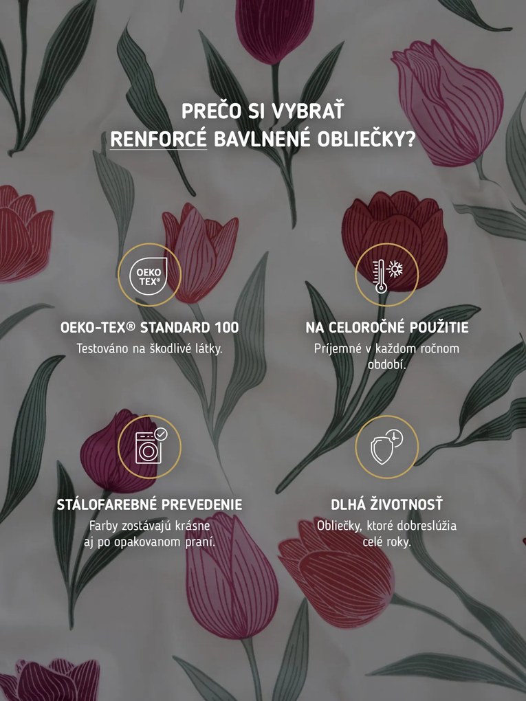 Bavlnené obliečky Renforcé – Kvety tulipánov fialové 140 × 200 cm, 70 x 90 cm