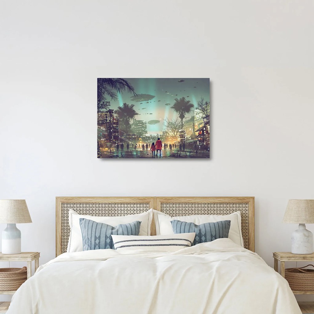 Sklenený obraz - mesto v budúcnosti (70x50 cm)