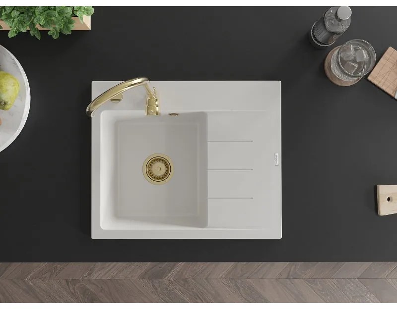Mexen Ben, 1-komorový granitový drez 600x500x190 mm, ľavý + zlatý sifón, biela, 6522605000-20-G