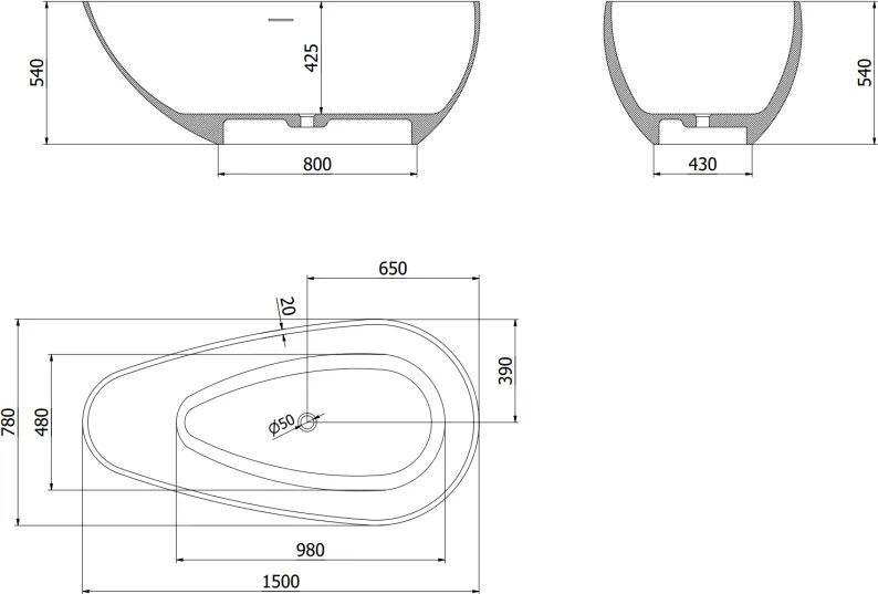 Mexen Palermo, voľne stojaca vaňa z konglomerátu 150 x 78 cm, čierna matná, 57211507870