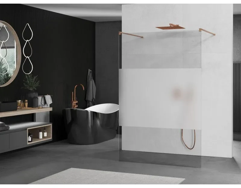 Mexen Kioto, sprchová zástena Walk-In 130 x 200 cm, 8mm číre sklo-námraza, medený matný profil, 800-130-002-65-35